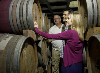 Safari guests are shown around wine cellars by a tour guide at a vineyard in cape winelands, South Africa