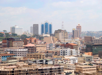 The downtown skyline of Kampala consisting of a variety of seemingly newish skyscrapers in Uganda