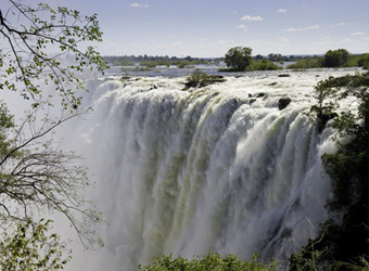 A shot of the edge of Victoria Falls as it thunders over the edge of the cliff when the Zambezi River is extremely high, Zambia